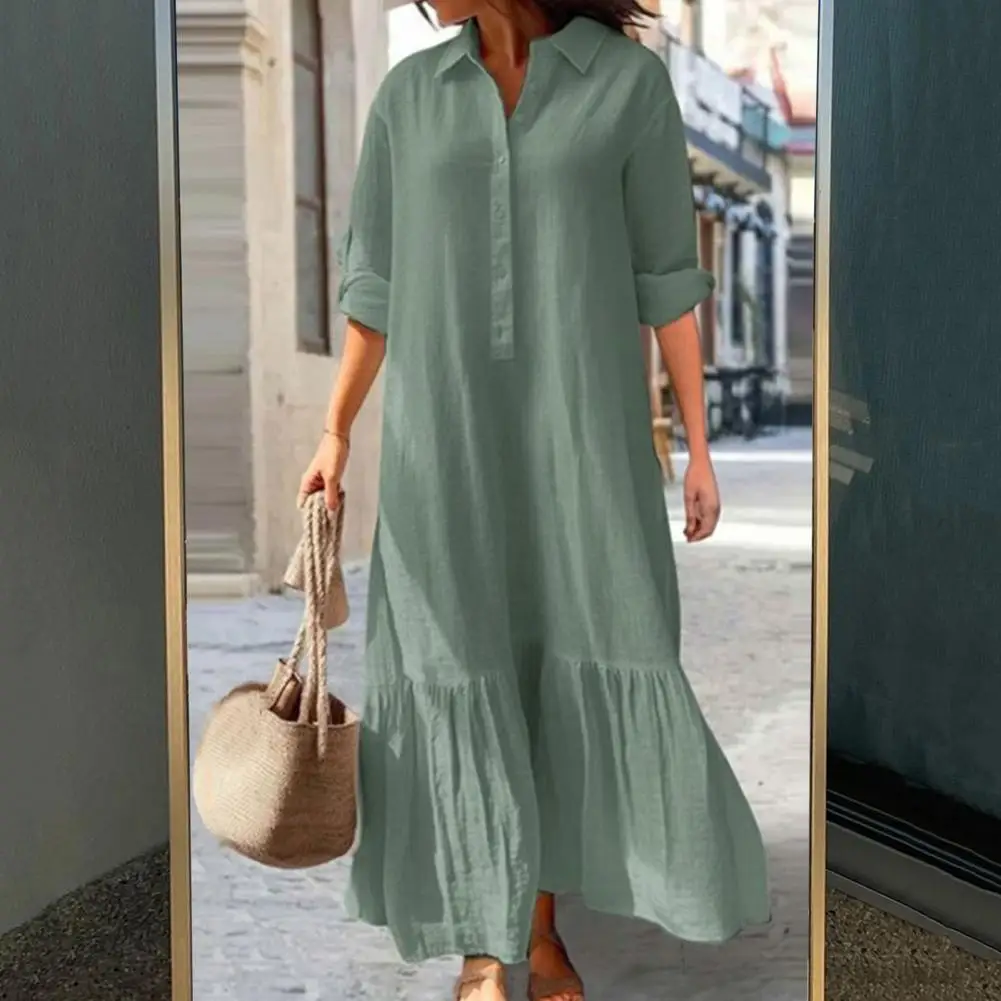 

Cotton Linen Long Dress Women Long Sleeve Button Solid Color Casual Ruffles Loose Dresses Spring Autumn Comfortable Shirt Dress