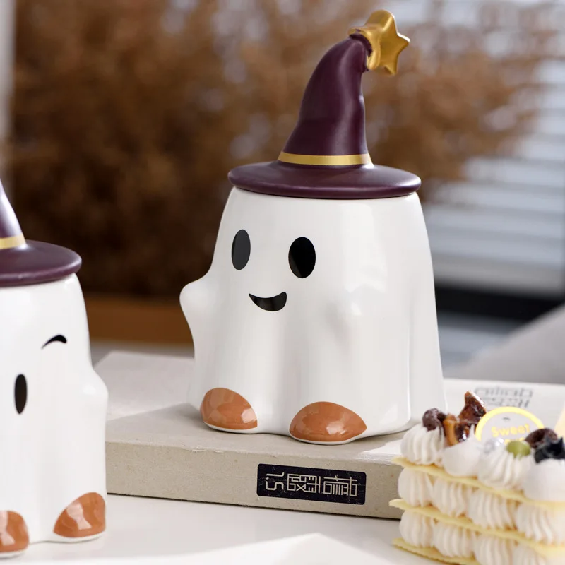 Kubek z duchem na Halloween z pokrywką Uroczy kubek z duchem Kreatywny kubek z duchem Zabawny kubek ceramiczny 450 ml Pamiątka na Halloween