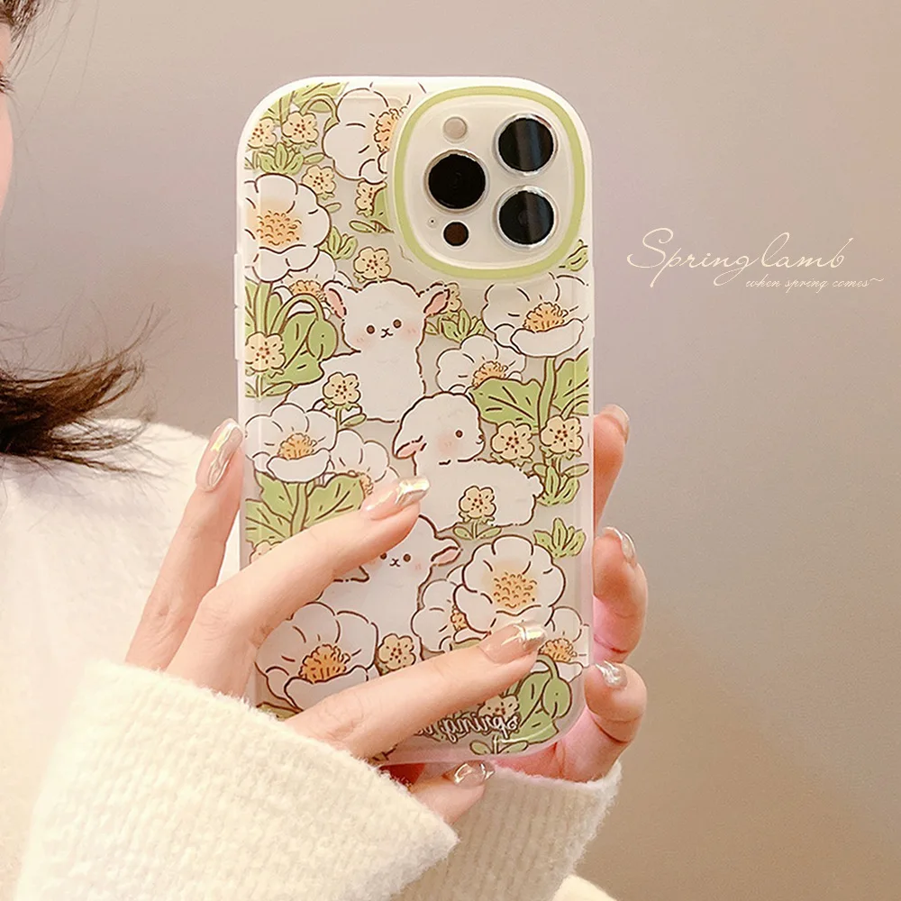 Retro sweet Spring white Flower bush sheep art Phone Case For iPhone 15 14 13 12 11 Pro Max Xr 14 Plus Xs 8 Plus case Cute cover