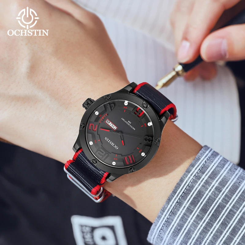 OCHSTIN Orologio da uomo al quarzo con data e settimana Orologi cinturino in nylon in pelle impermeabile Orologi da polso da uomo Sport militari Orologi maschili casual