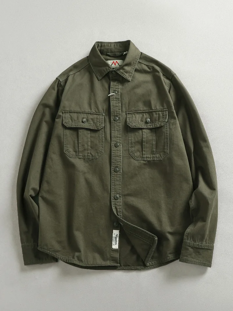 Heavyweight Woven Pure Cotton Washed American Casual Cargo Long Sleeve Shirt Men Trendy Shirt Jacket