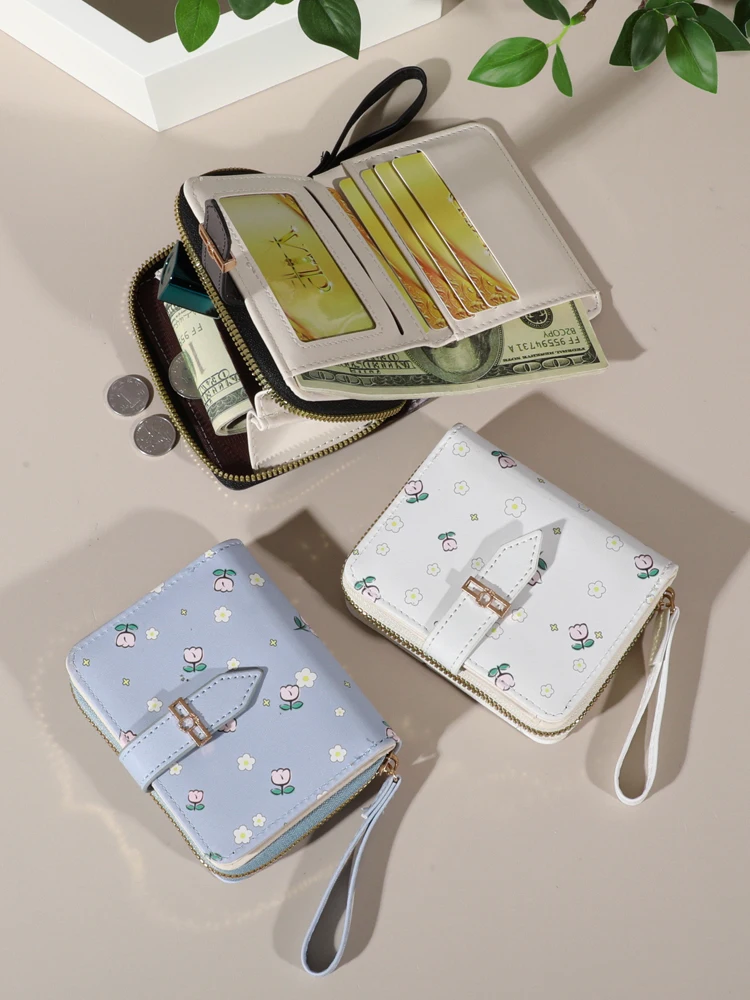 Flower patterned credit card holder for women or men\'s small card case with zipper hand-held wallet