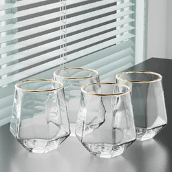 320ml 4pcs Set Hexagonal Cup Wine Utensils Personalized Unique Cold Drink Cup Golden Edged Glass Cup Coffee Juice Tea Cups Cafe