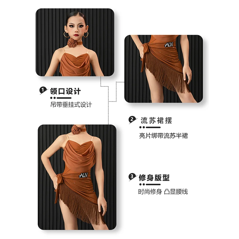 Abbigliamento da danza del ventre per ragazze per bambini Gonna da tango per bambini Abbigliamento da carnevale Abbigliamento da ballo Salsa latina Abiti da ballo con nappe di alta qualità