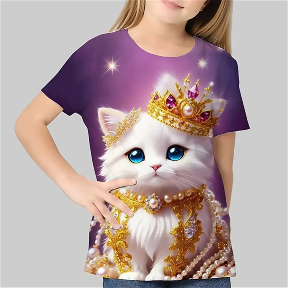 

Girl clothes 3D print colorful cat graphic T shirt children clothing 2-10Y for animals lover Summer outdoor Breathable top Tee