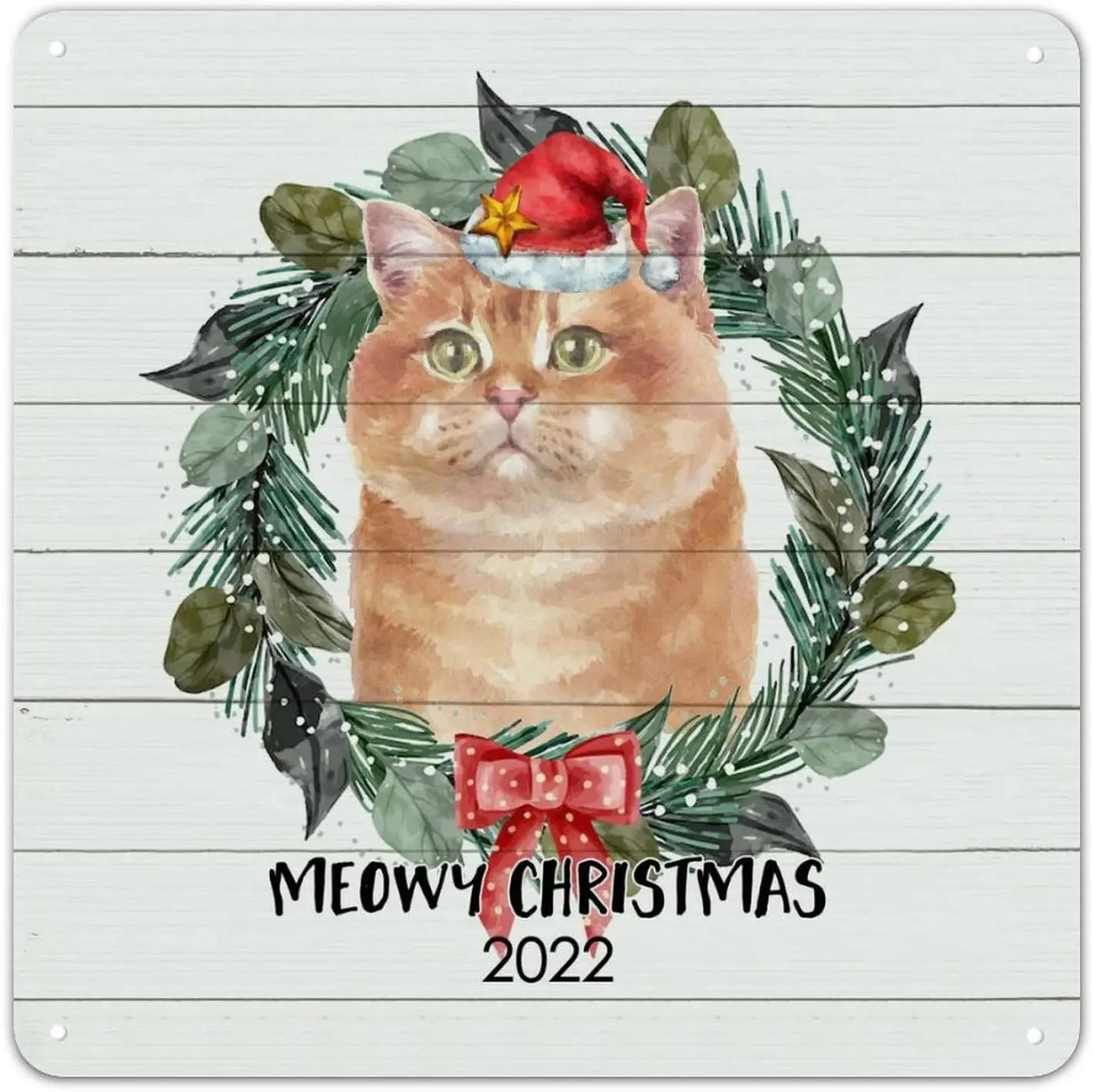 Meowy Christmas Cat Metal Sign Holiday Xmas Metal Wall Art Animal Breed 12x12in Weatherproof Mid Century Poster Plaque