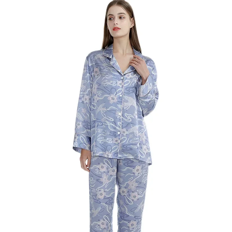 

Женский пижамный комплект из 100% тутового шелка с принтом 19 мм, топ с длинными рукавами и брюками, одежда для дома из 2 предметов, пижамный костюм с воротником с лацканами