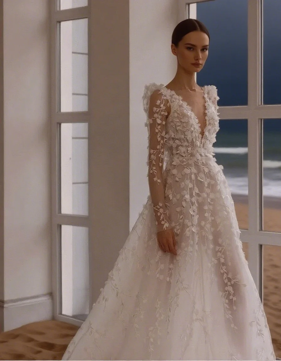 

White Bride Wedding Dresses Sexy V-neck 3D-Flowers Lace Applique Mermaid Train Bride Gown Vestidos De Novia Customized