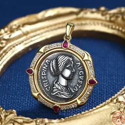 S925 Sterling Silver Pendants for Women Men New Fashion Roman Empress Emboss Ancient Coins Inlaid Zircon Jewelry Wholesale