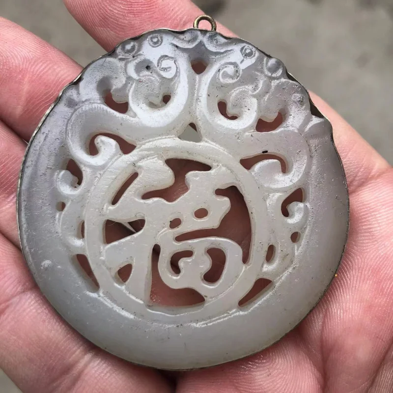 Old Inlaid , Jade Ornament, Antique Silver-Edged Pendant