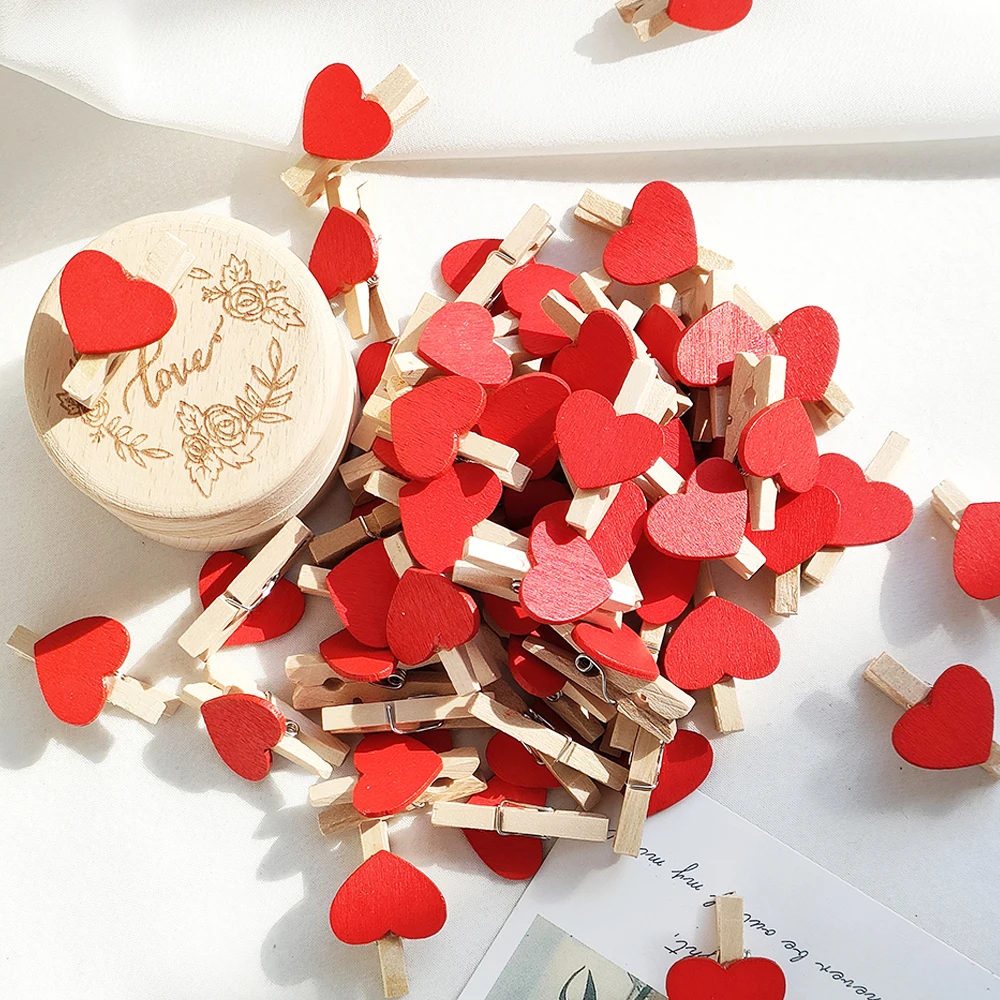 50/100pcs Red Heart Love Wooden Clothes Photo Paper Peg Pin Mini Clothespin Postcard Clips Home Wedding Valentine's Day Decorati