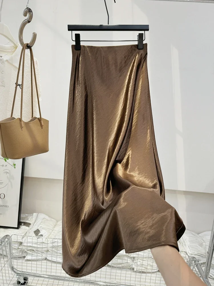 Simple Elegant Solid Color Skirt Autumn Double-sided Satin Floor Length Skirt High Waisted Elastic Waist Fish Tail Long Skirt