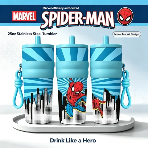 1pc 25oz Marvel Spider-Man Stainless Steel Tumbler Insulated Travel Mug with Straw Hanging Rope Portable Cup for Car Outdoor