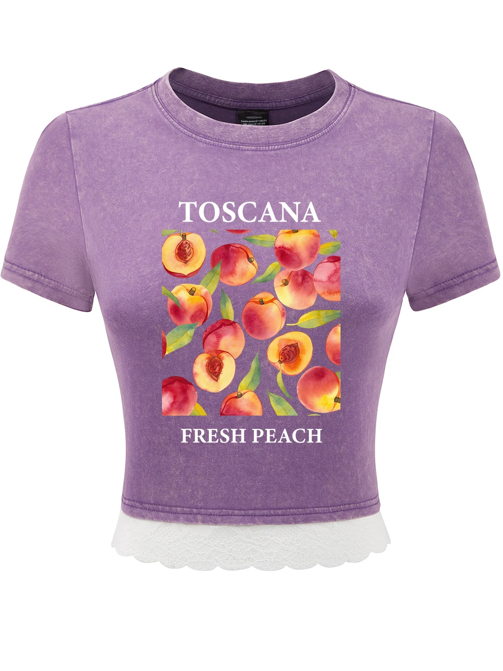 Toscana الطازجة الخوخ طباعة القطن غسلها تي شيرت المرأة الصيف أزياء من الدانتل هيم المحاصيل القمم س الرقبة منتظم صالح تيز ملابس كاجوال
