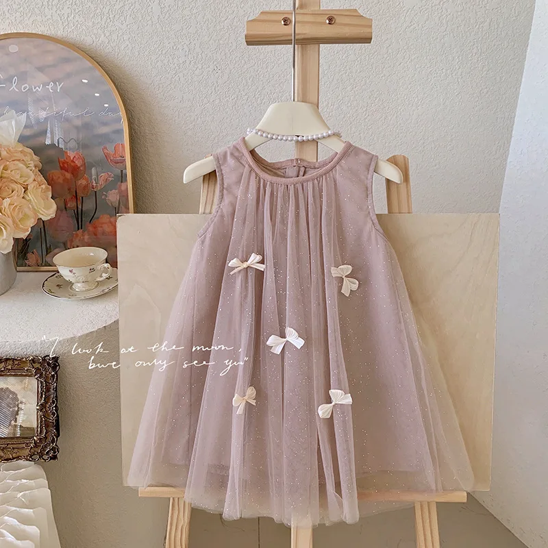 Pink lace glitter Sleeveless Loose Beach Mermaid Dress With Necklace Preschool Princess Graduation tutu Ball Gown Party Dress