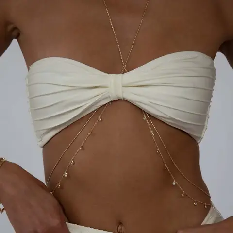 New Metal Multi-Layer Rhinestone Tassel Chest Chain for Women Simple Gold Color Zircon Cross Body Chain Bikini Jewelry Gifts