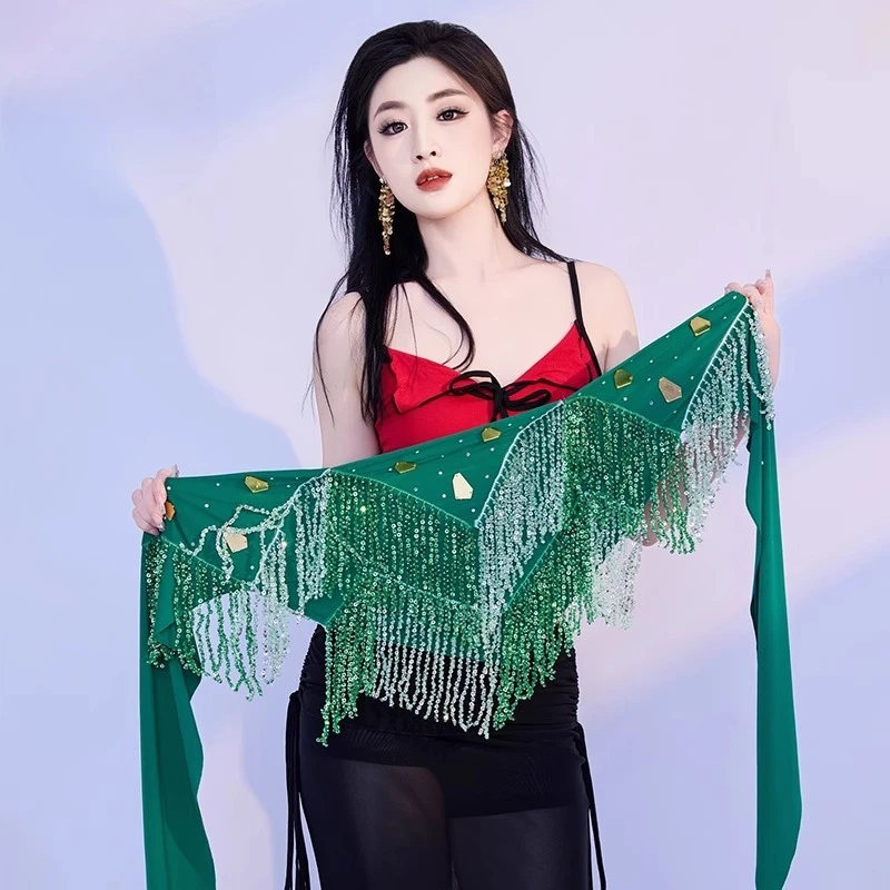 Cintura da performance di danza del ventre per donna, catena in vita, sciarpa sui fianchi, triangolo con frange, accessori per concorsi di danza orientale tribale