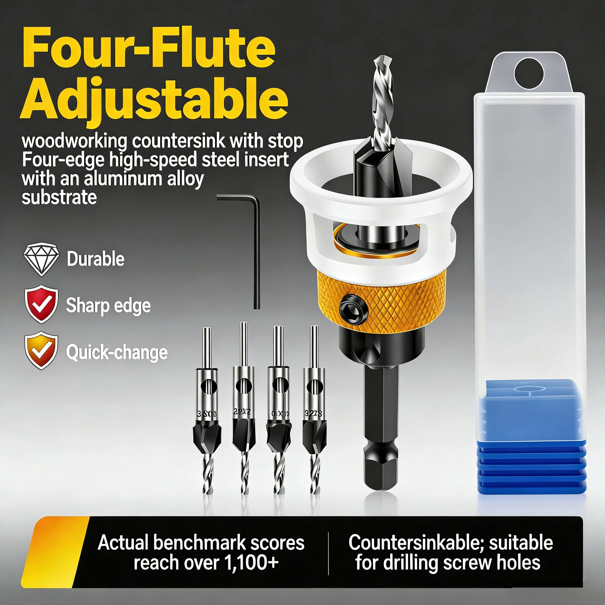 

4-Flute Countersink Drill Bit Set 4 Sizes Alloy Adjustable Depth Stop Spiral Wood Drilling Kit for Woodworking Plywood MDF Board