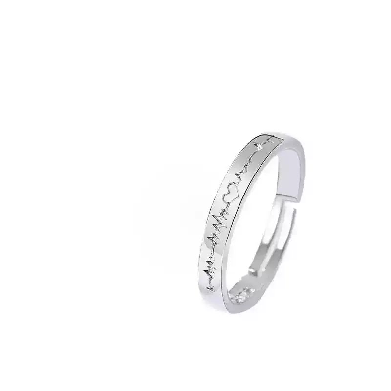

Black White Electrocardiogram Couple Ring Set Student Best Friend Speaking Ring Trendy Accessory Gift Niche Design