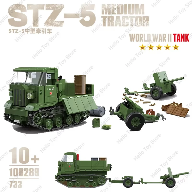 WW2 Tank Armored Car STZ-5 Medium Artillery Tractor Model Building Blocks XM777 lightweight 155mm Caliber Howitzer Bricks Toy