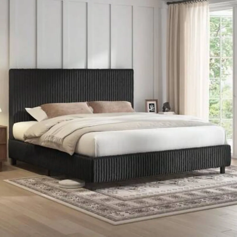 Twin Full Queen King Upholstered Bed Frame with Gap Free 3.5 Inch Thick Headboard Corduroy Platform Bed Fully Padded Design with Metal Slats No Box Spring Needed Sturdy Support Easy Assembly Modern Bedroom Furniture
