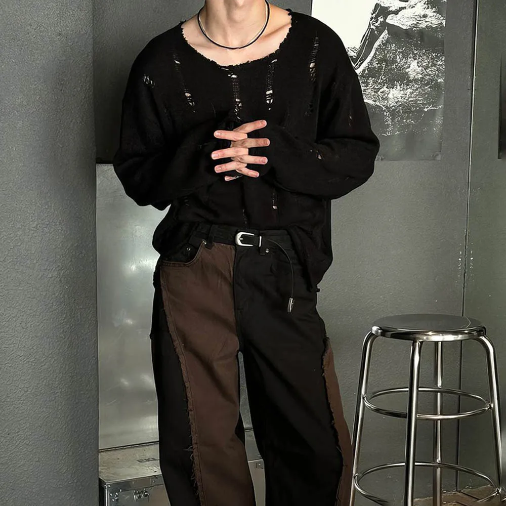 الرجال بلون ممزق بأكمام طويلة تي شيرت الأمريكية الرجعية موضة الاتجاه شارع العليا فضفاض عادية تنفس المتخصصة الرجال بلايز