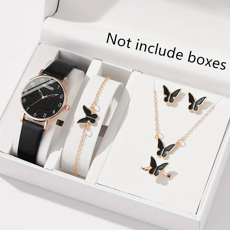 6pcs Sets Luxury Women\'s Black Leather Watches Butterfly Dial with Quartz Wristwatch Women Earring Bracelet Necklace Set