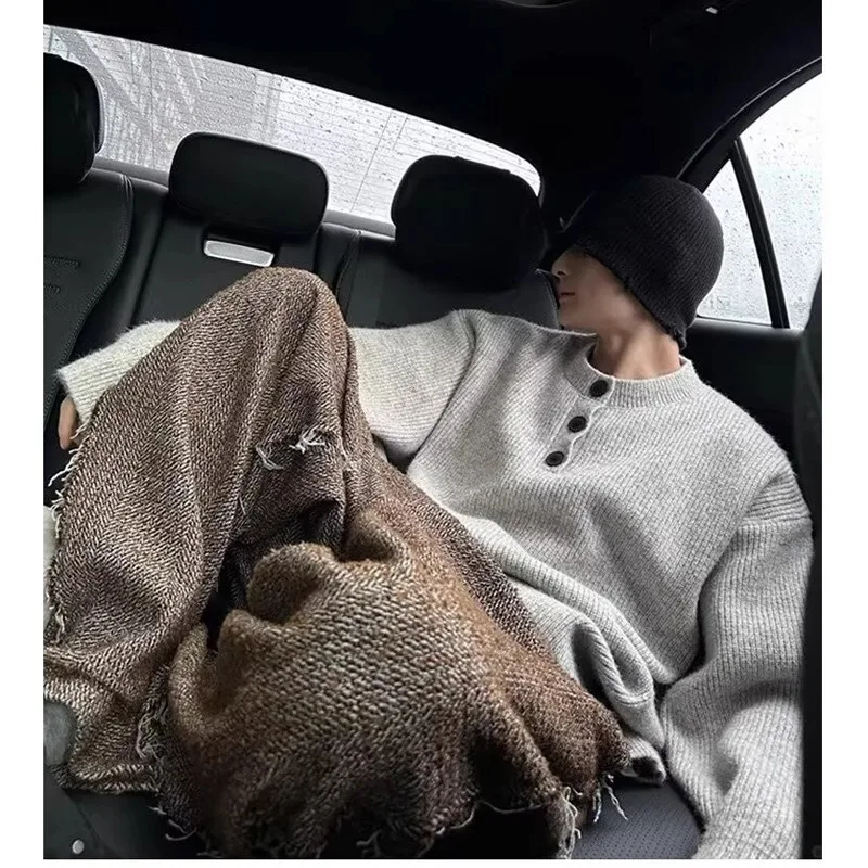 

Laoqian Sle Lazy Vintage Henry Collar Sweater Cleanfit Single Button High End Knitted Outerwear for Men Winter Casual Knitwear