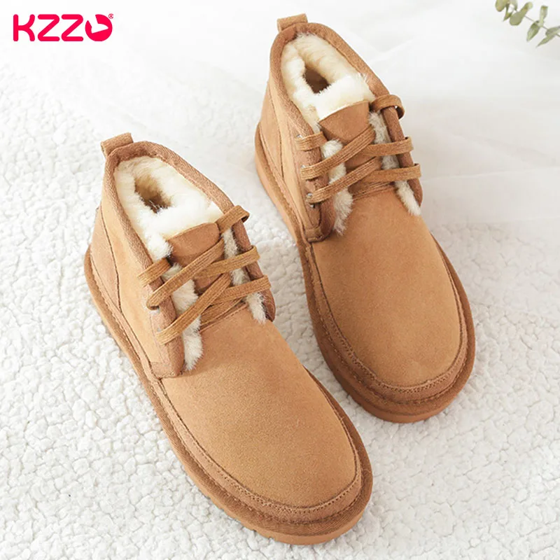 KZZO New Real Sheepskin Lace-up Ankle Boots For Men Natural Wool Lined Casual Leather Winter Keep Warm Shoes Waterproof  Black