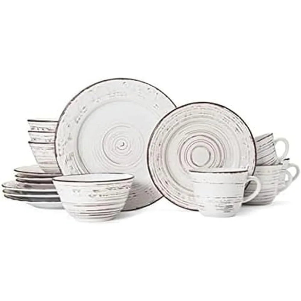 

16-Piece Stoneware Dinnerware Set in Distressed White, Service for 4, Microwave and Dishwasher Safe