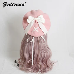 Japanese Style Soft Girl Autumn and Winter JK Beret Wool Cap Sweet Cute Lace Bow Cute Lolita Girl Beret Hats for Women Caps