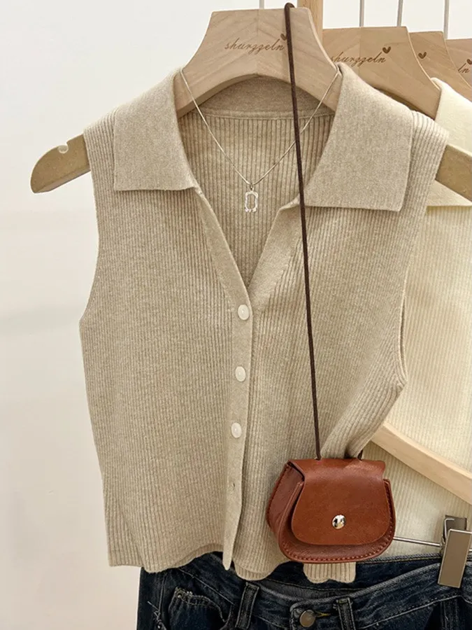 Ele  Collar Red Strap Vest Women Summer Single Button Thin Knitted Svel Top Commute Sle Slim Fit  Color