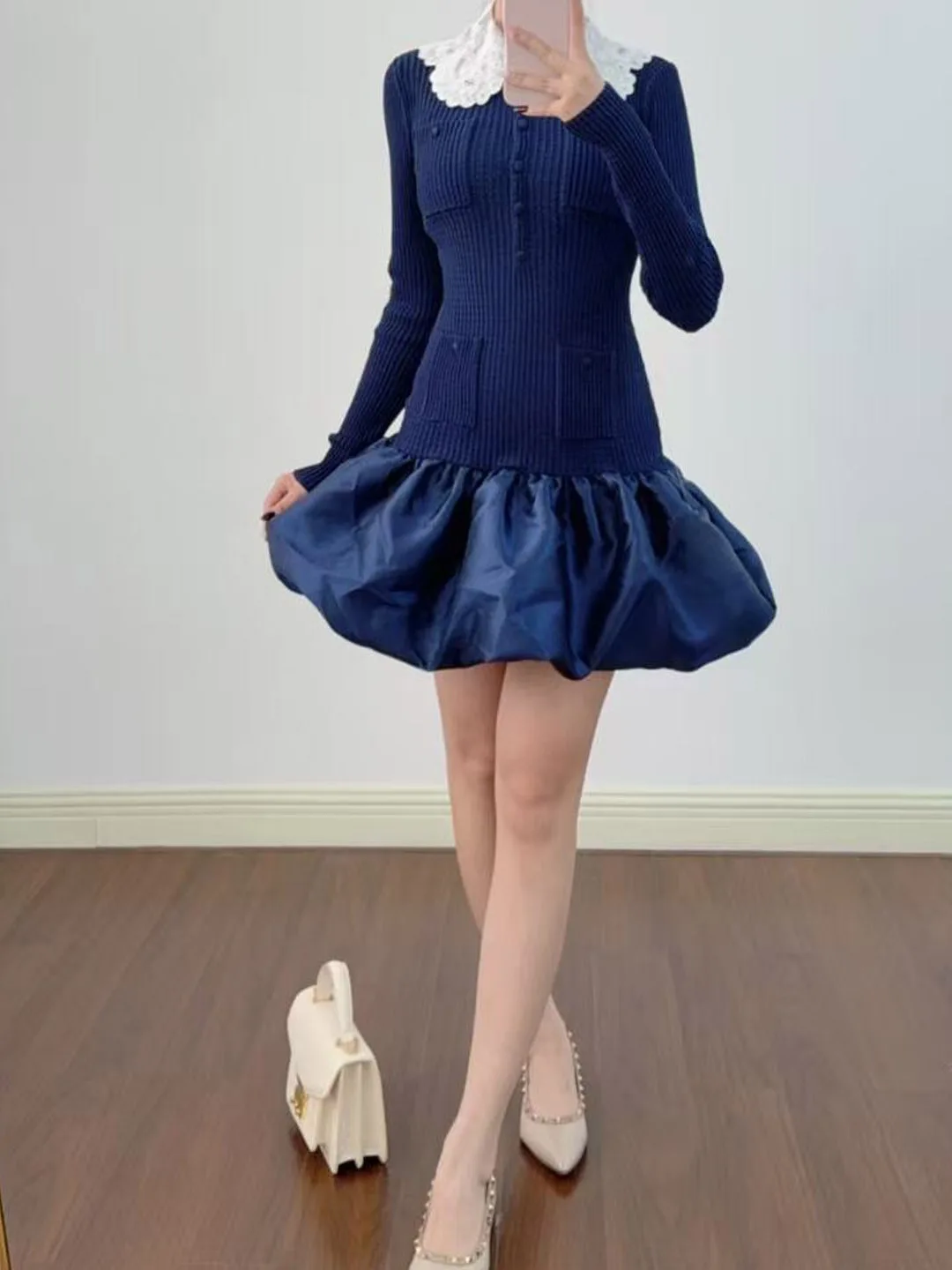

Knitted Puffy Sve Dr with Doll Collar Slim Fit High Waist French Sle Breathable Elastic Fabric Long Sve ...