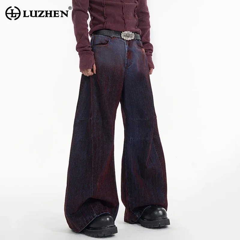 LUZHEN Personalized Wash Design Loose Wide Leg Straight Jeans Men's 2024 Retro High Street Original Stylish Denim Pants LZ8345