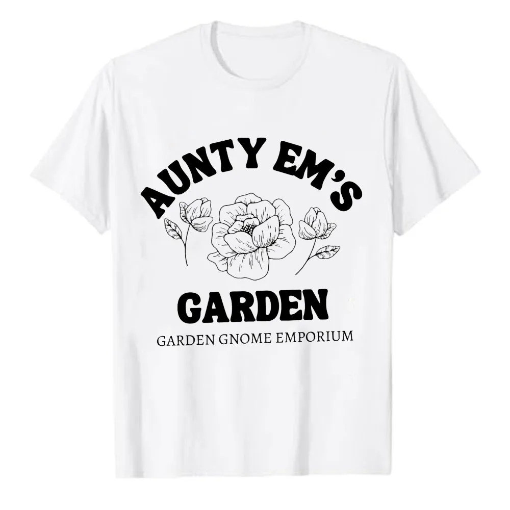 Aunty Em's Garden Gnome Emporium Graphic T‑Shirt Casual Cotton Tees Retro Floral Sketch Print Percy Jackson Themed Slogan Tops