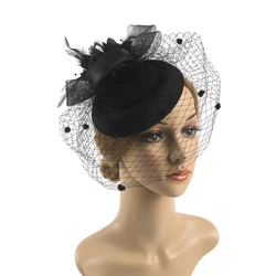 Kobiety Fascinator kapelusz z welonem i piórkiem Vintage Phillbox z pałąkiem na głowę klip Kentucky Derby koktajl spotkanie przy herbacie nakrycia głowy