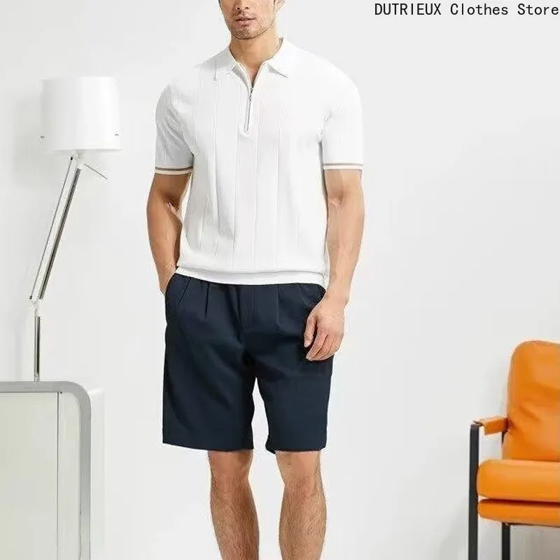 

2025 Summer Zipper Design Vertical Striped Knitted Short-sleeved T-shirt, Men's Polo Shirt Retro Business Casual Mens Shirts