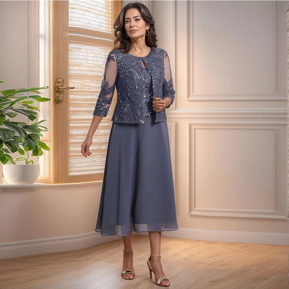 Maßgeschneiderte 2-teilige Kleider für die Brautmutter, Teelänge, Chiffon, Spitze, 3/4-Ärmel, Kleider für die Brautmutter mit Jacke