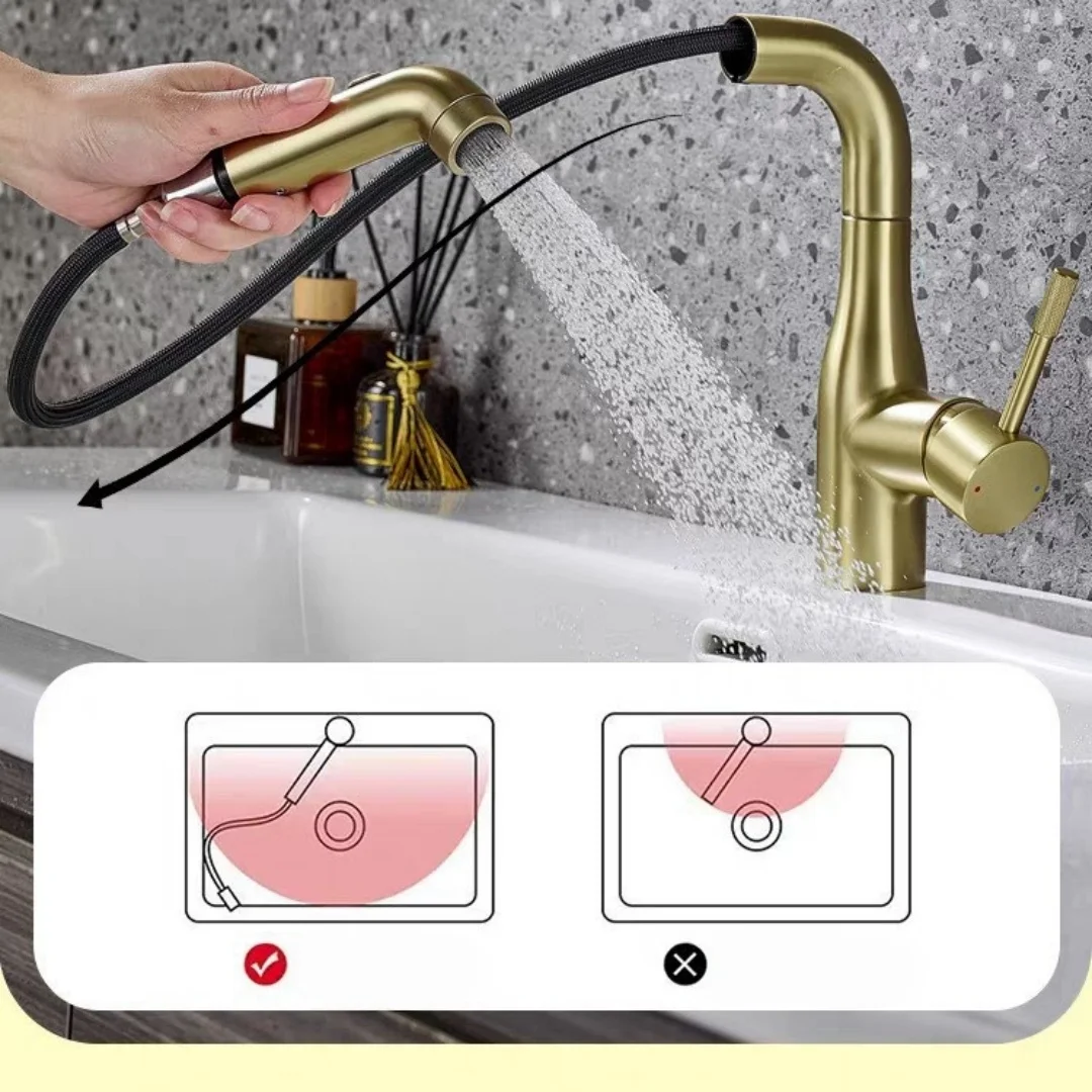 Brush Gold Pull Out Bathroom Faucet Grey Basin Faucet Hot Cold Black Sink Faucet Brass Faucet Lavatory Faucet Sink Water Crane