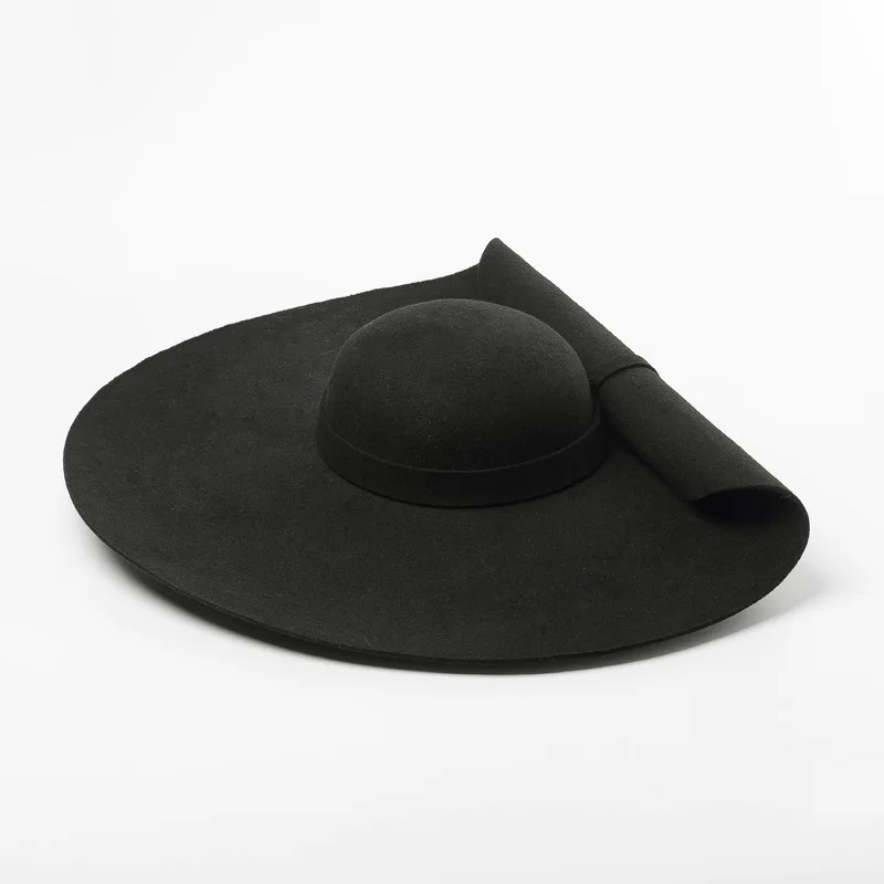 Autumn Winter New Fashion Woolen Curled Brim Big Brim Hat Catwalk Concave Shape Stage Big Brim Felt Hat