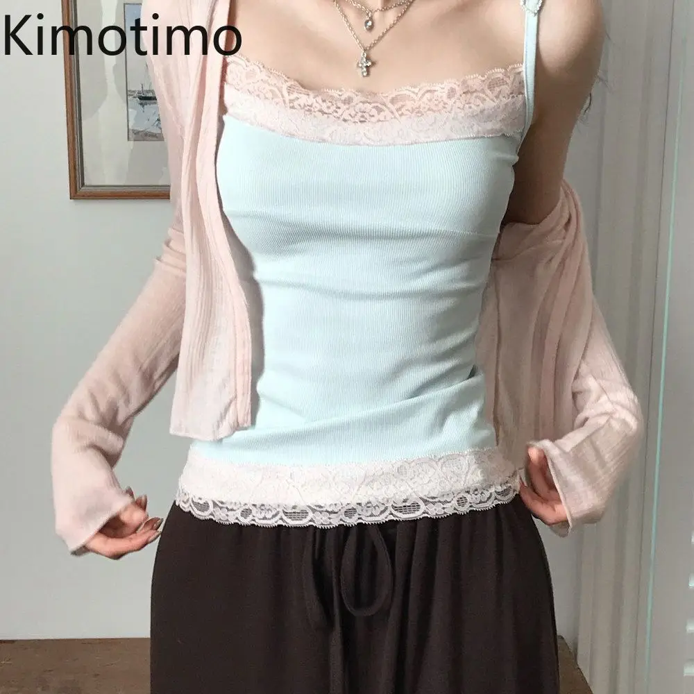 Kimotimo Summer New Lace Patchwork Camisole Vest Women Y2k Aesthetic Slim Fit Sleeveless Base Tops Simple Sweet Spicy Girl Tanks