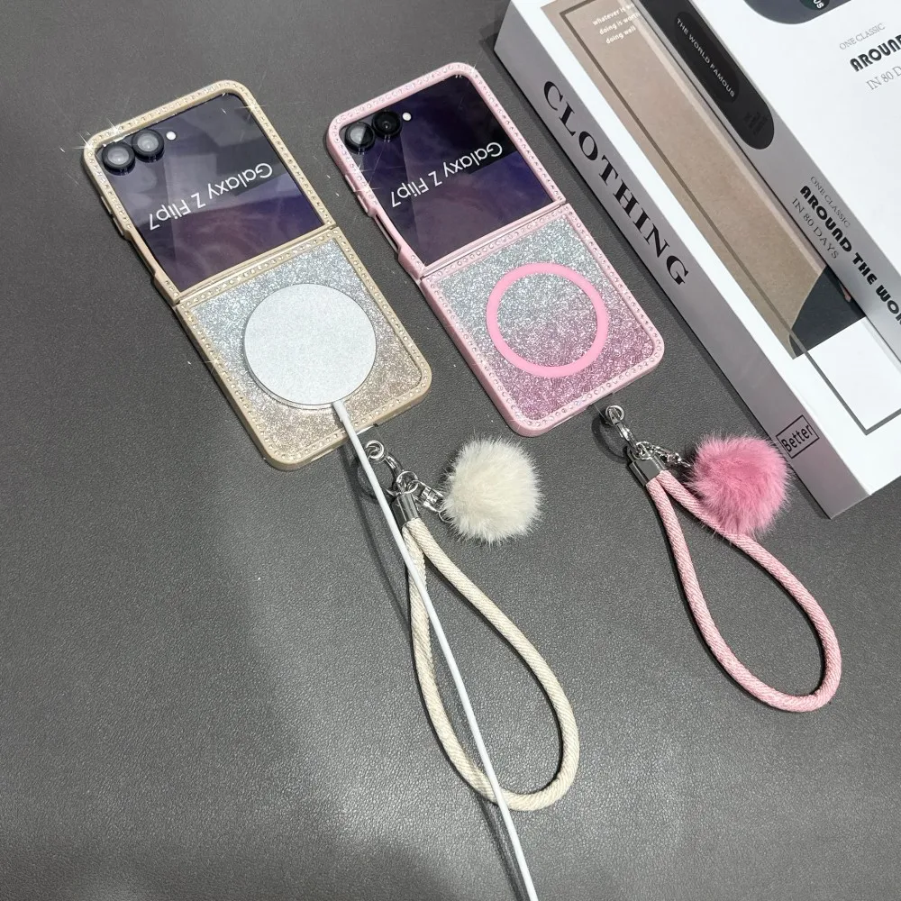 

Jewelled Phone Case For Samsung Galaxy Z Flip 7 6 5 5G Magnetic Wireless Charger PC Hard Shell Protective Bracelet Back Cover