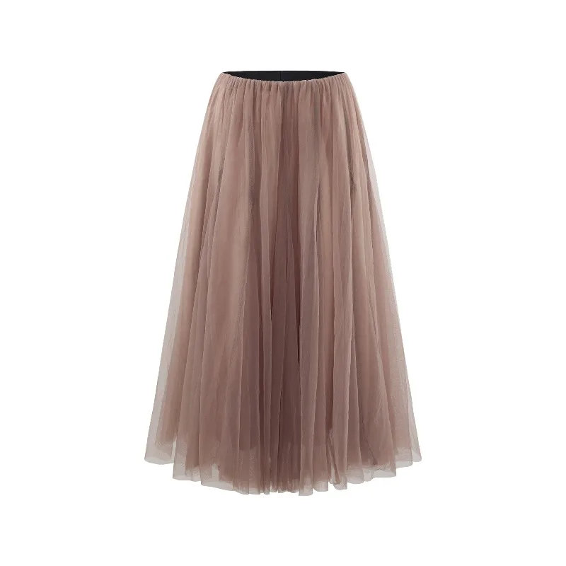 Elegant Mesh Tulle Skirt Women High Waist A-Line Midi Skirt Flowy Pleated Elastic Waist Skirt for Autumn Slimming Casual Outfit