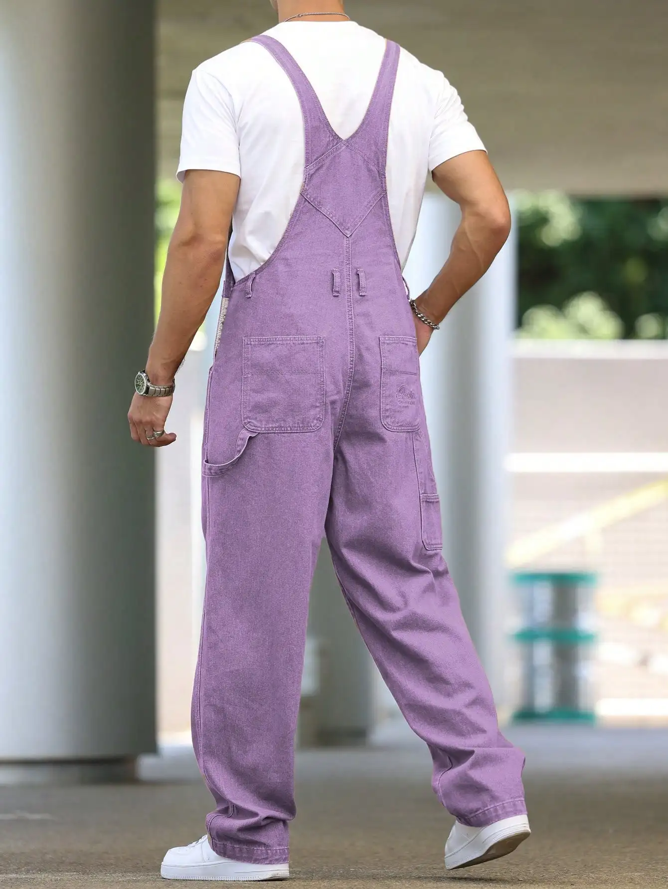 Men's Four - Season Purple Loose Denim Overalls, Daily Casual Street Trend Suspender Pants