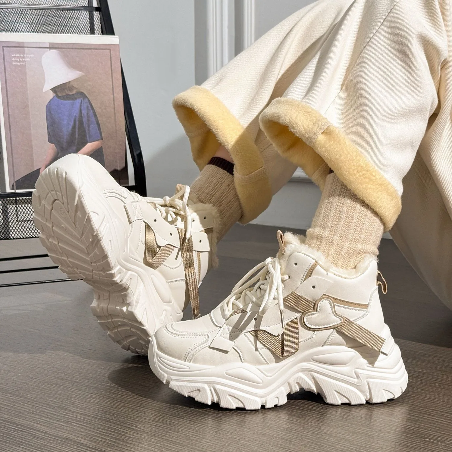 Chic Ladies Fuzzy Lined Chunky High‑Top Sneakers Heart Strap Accent Lace‑Up Cold‑Weather Fashion Statement Boots