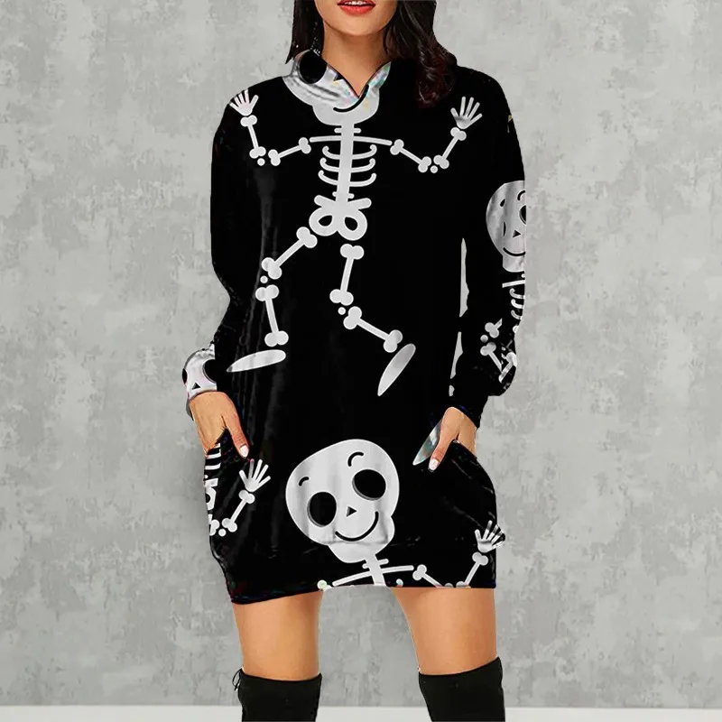 

Women's Halloween Pumpkin Print Mini Dress with Pocket, Long Sleeve, Hooded Sweater, Casual Clothes, New Fashion, Autumn