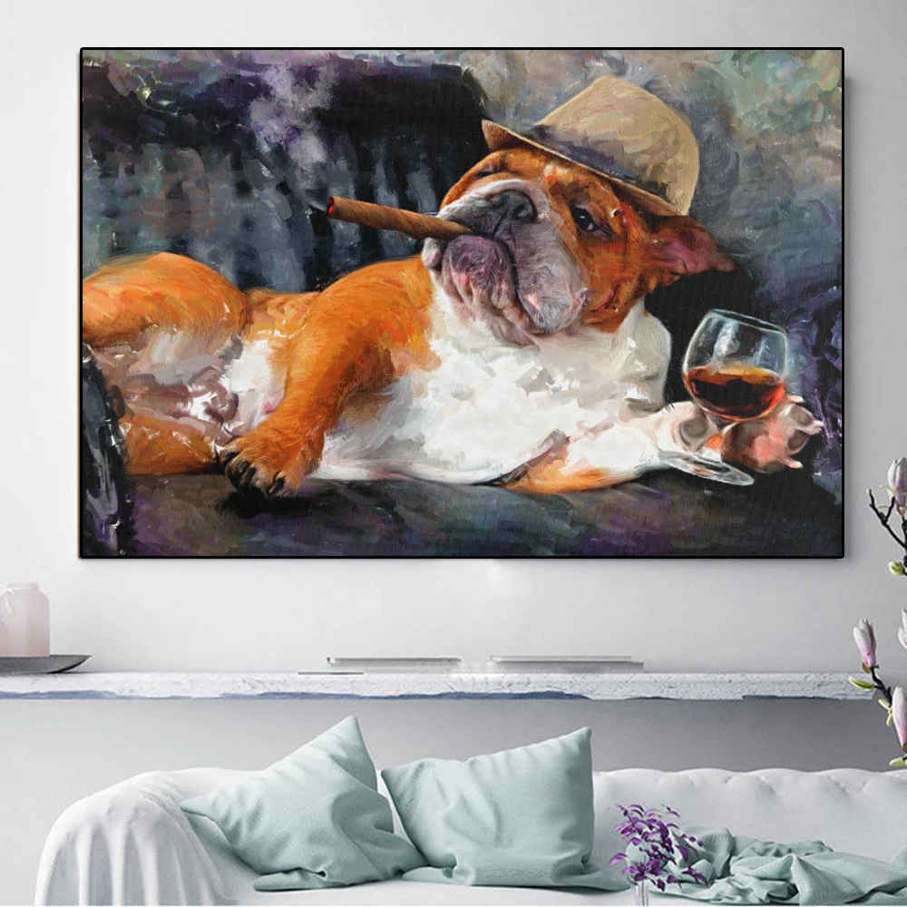 

Abstract Bulldog Smoking Graffiti Art Canvas Painting Animals Drink Red Wine Poster Print Nordic Wall Art Living Room Home Decor