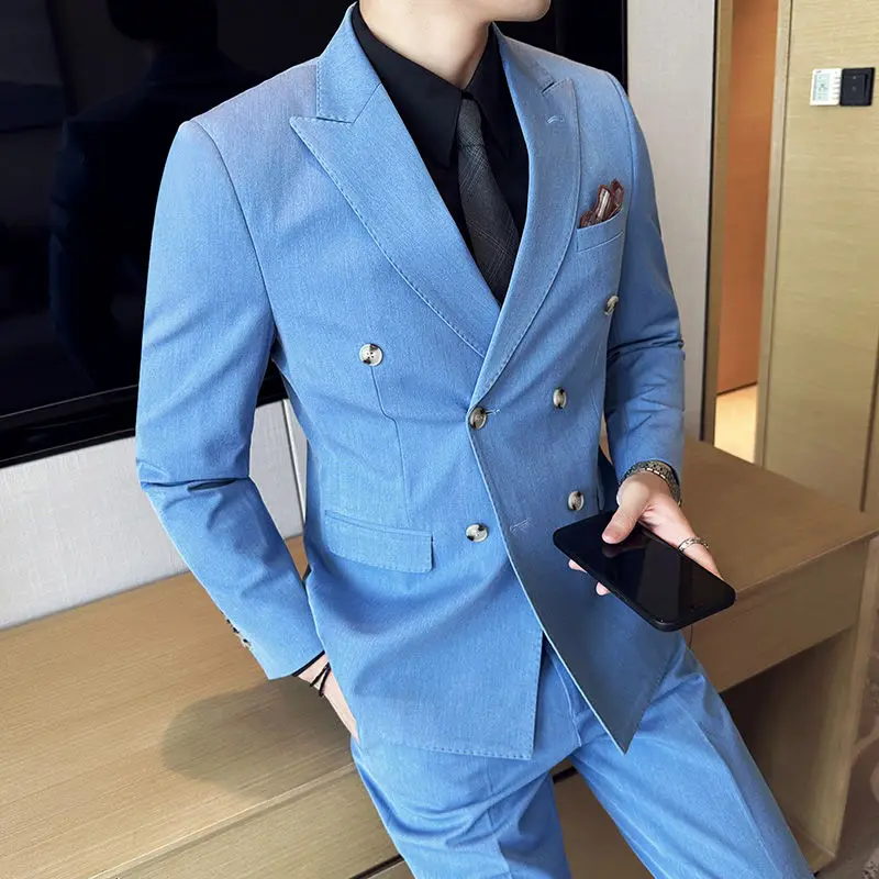 Traje de doble botonadura 3-A51 para hombre, traje formal de negocios de alta gama, corte ajustado, estilo coreano, estilo británico, traje de tres