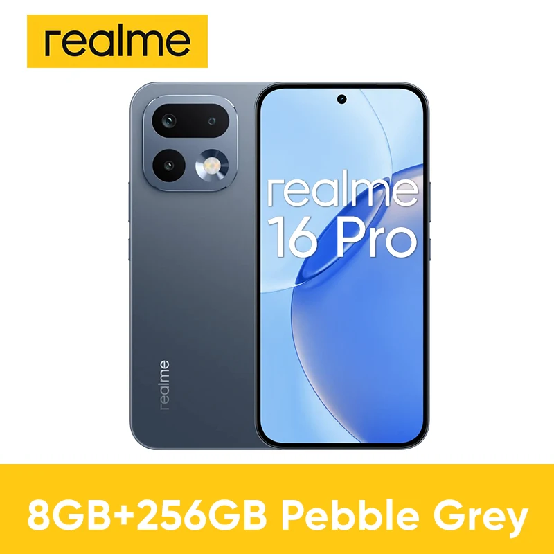 Realme 16 pro 5G smartphone euro editie met 144hz scherm, MediaTek processor, max. 200mp camera, 6500mAh batterij, 45W opladen.