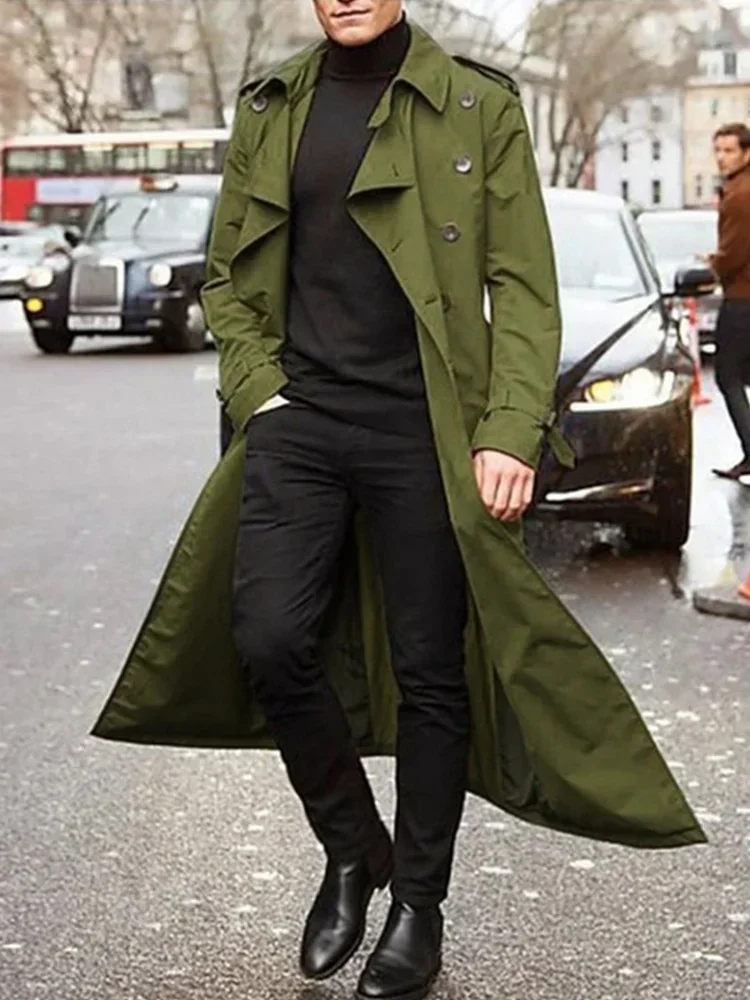

Autumn New Men's Fashion Double-breasted Windbreaker Jacket Chic Streetwear Loose Style Long Trench Coat Handsome Outwear